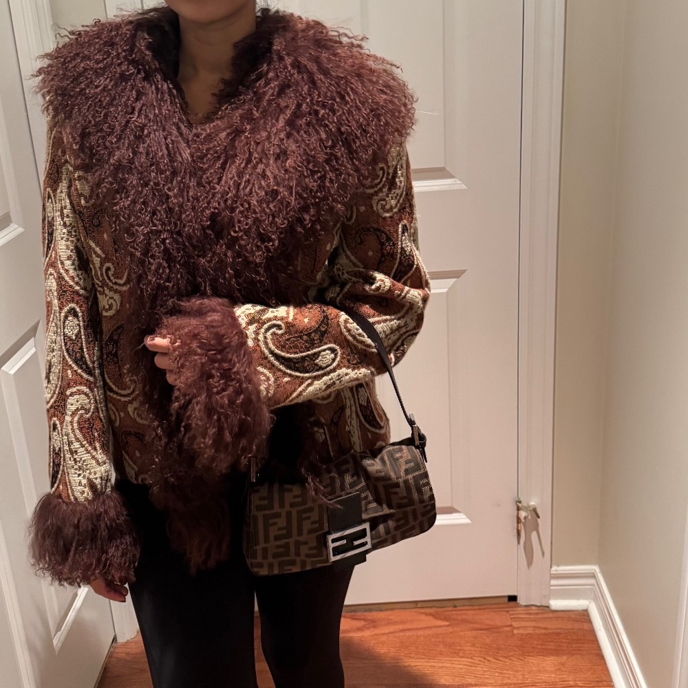 🤍 Afghan Penny Coat Mongolian Fur Paisley 70s Boho Hippie Large
